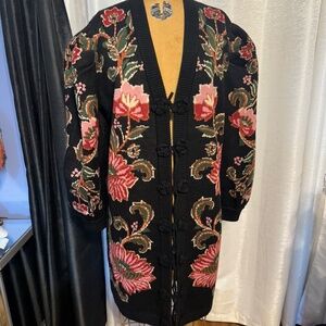 Farm Rio Oversized Black embroidered floral knit long cardigan